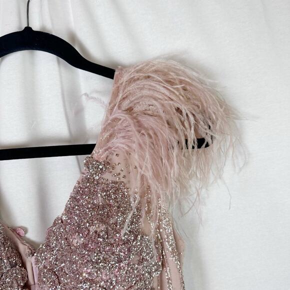 PORTIA AND SCARLETT Pink Silver Glitter Plunge Gown Train Feathers Size 6 PS6072 - Picture 4 of 16